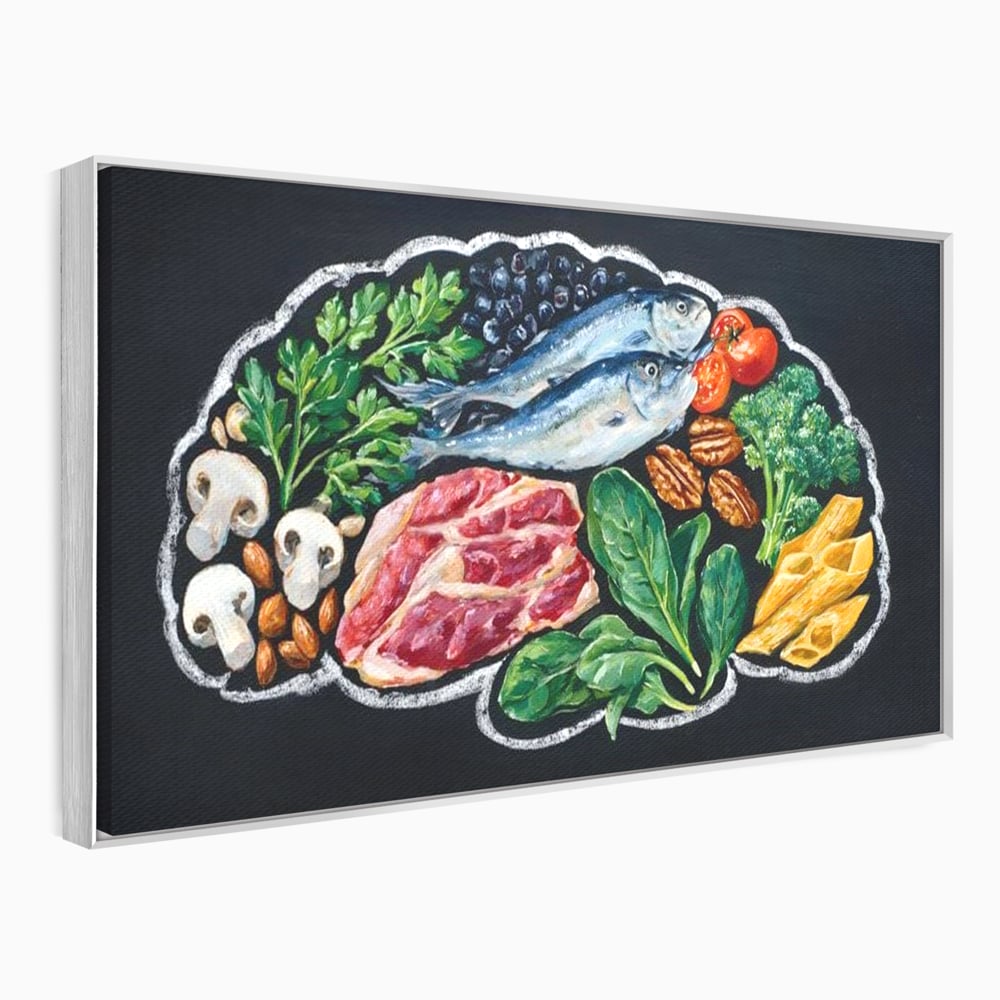 Tablou canvas cu pictura cu alimente variate pe fundal negru, in rama de aluminiu argintiu